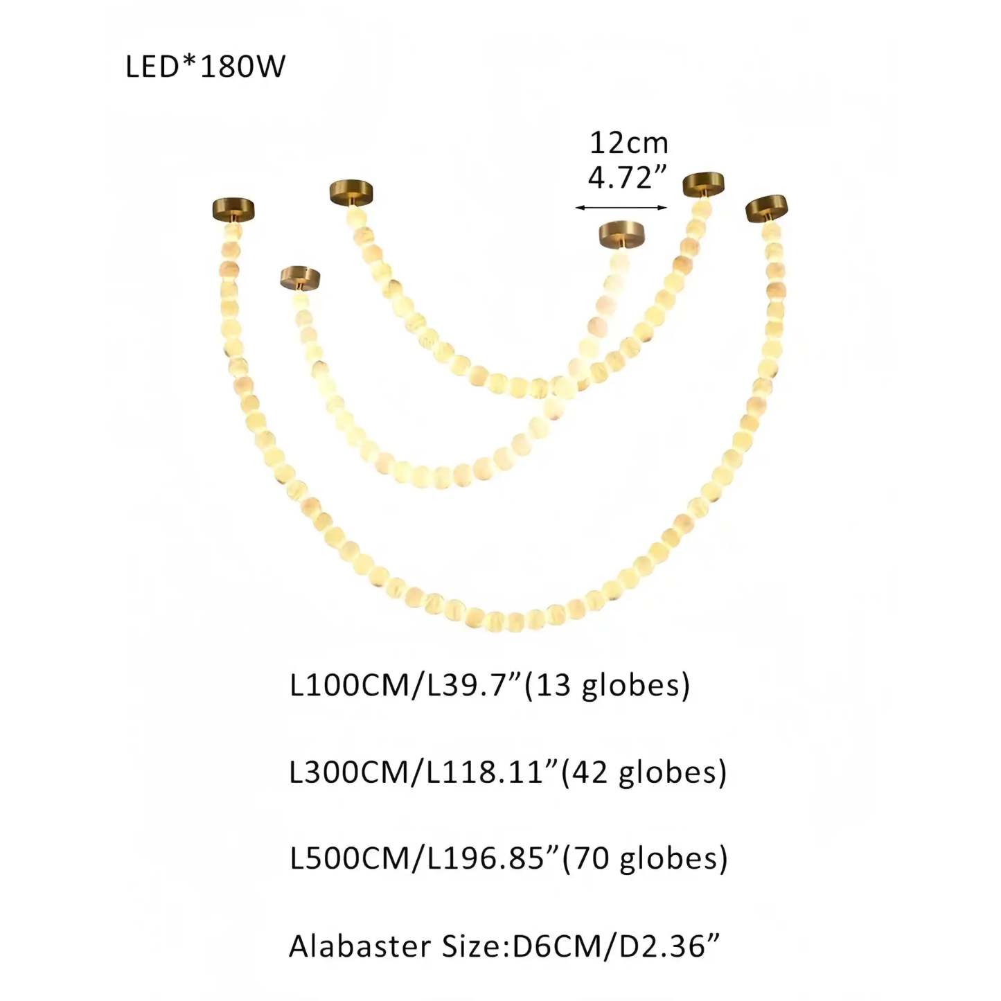 Modern LED Natural Alabaster Globes Beads Hanging Chandelier Indoor Lighting Fixture - 125 globes - L100+L300+L500CM/L40"+L118"+L197"Warm Light (3000K)Brass + Whitewinglightingus