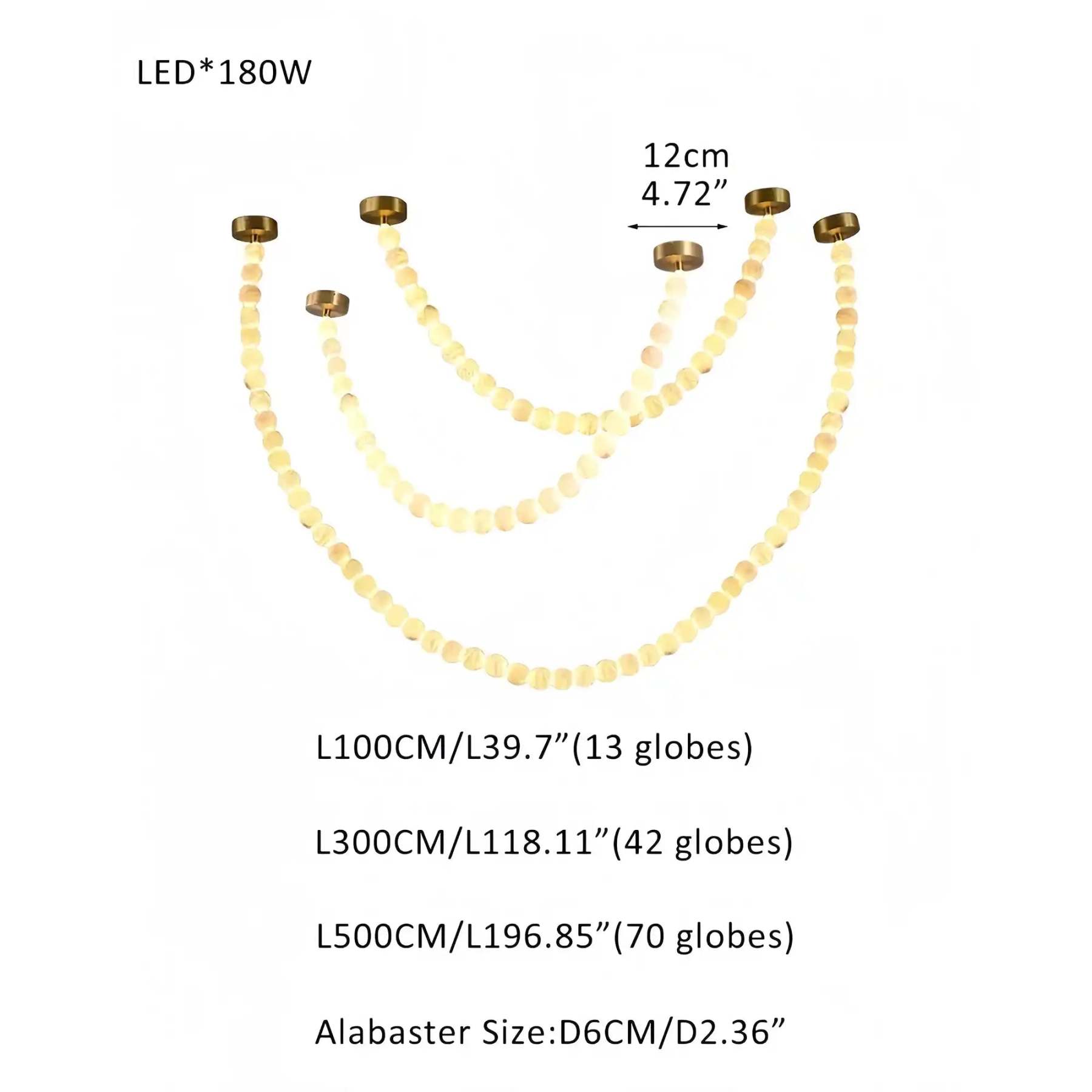 Modern LED Natural Alabaster Globes Beads Hanging Chandelier Indoor Lighting Fixture - 125 globes - L100+L300+L500CM/L40"+L118"+L197"Warm Light (3000K)Brass + Whitewinglightingus