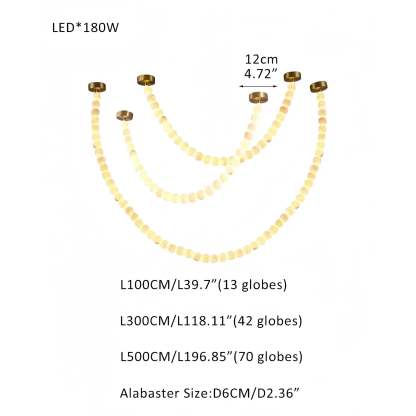 Modern LED Natural Alabaster Globes Beads Hanging Chandelier Indoor Lighting Fixture - 125 globes - L100+L300+L500CM/L40"+L118"+L197"Warm Light (3000K)Brass + Whitewinglightingus