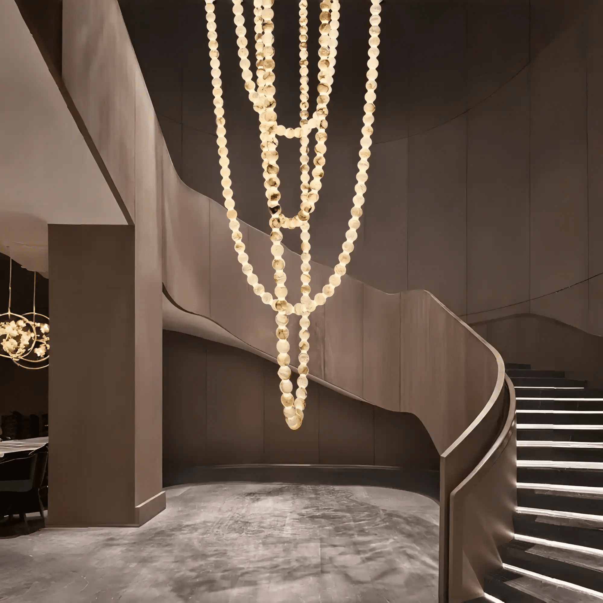 Modern LED Natural Alabaster Globes Beads Hanging Chandelier Indoor Lighting Fixture - 167 globes - L100+L200+L400+L500CM/L40"+L80"+L157"+L197"Warm Light (3000K)Black + Whitewinglightingus