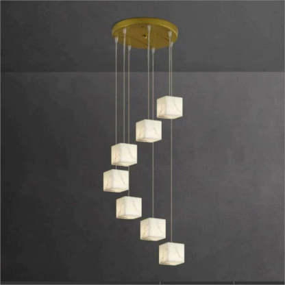 Olive Alabaster Cubic Round Pendant For Dining Table, Staircase Chandeliers Kevin Studio Inc 7-Light