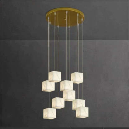 Olive Alabaster Cubic Round Pendant For Dining Table, Staircase Chandeliers Kevin Studio Inc 9-Light