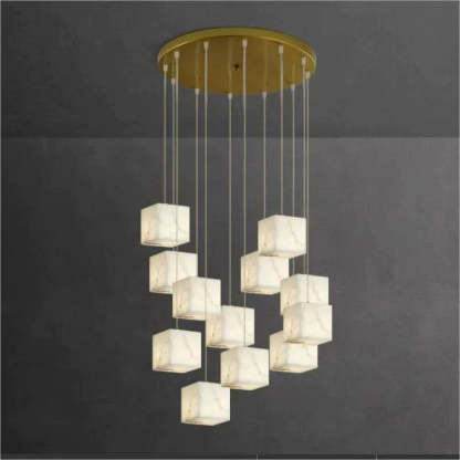 Olive Alabaster Cubic Round Pendant For Dining Table, Staircase Chandeliers Kevin Studio Inc 12-Light