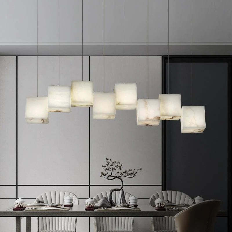 Vasilia Alabaster Cubic Pendant For Dining Table, Kitchen Island Pendant Chandeliers Kevin Studio Inc 8 LIGHTS-37.8" L