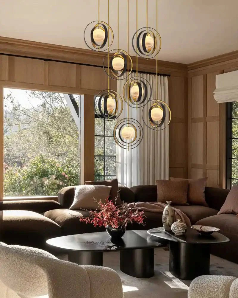 White Alabaster Round Ceiling Pendant Lamp - Gold & Bronze Rotatable Ring - winglightingus