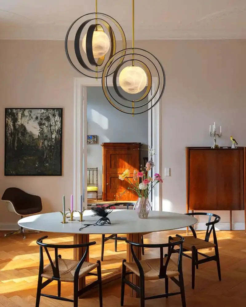White Alabaster Round Ceiling Pendant Lamp - Gold & Bronze Rotatable Ring - winglightingus