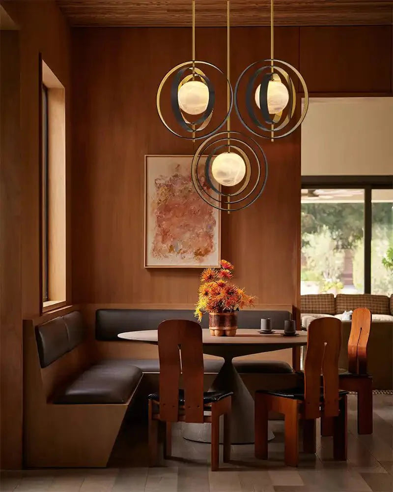 White Alabaster Round Ceiling Pendant Lamp - Gold & Bronze Rotatable Ring - winglightingus