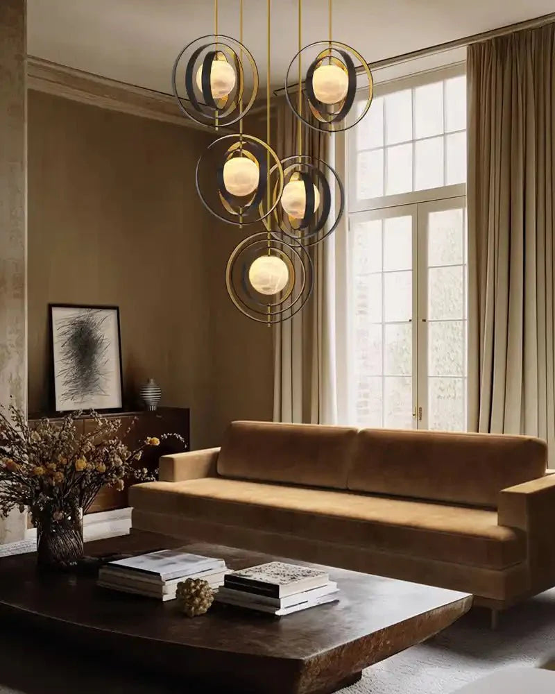 White Alabaster Round Ceiling Pendant Lamp - Gold & Bronze Rotatable Ring - winglightingus