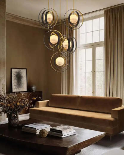 White Alabaster Round Ceiling Pendant Lamp - Gold & Bronze Rotatable Ring - winglightingus