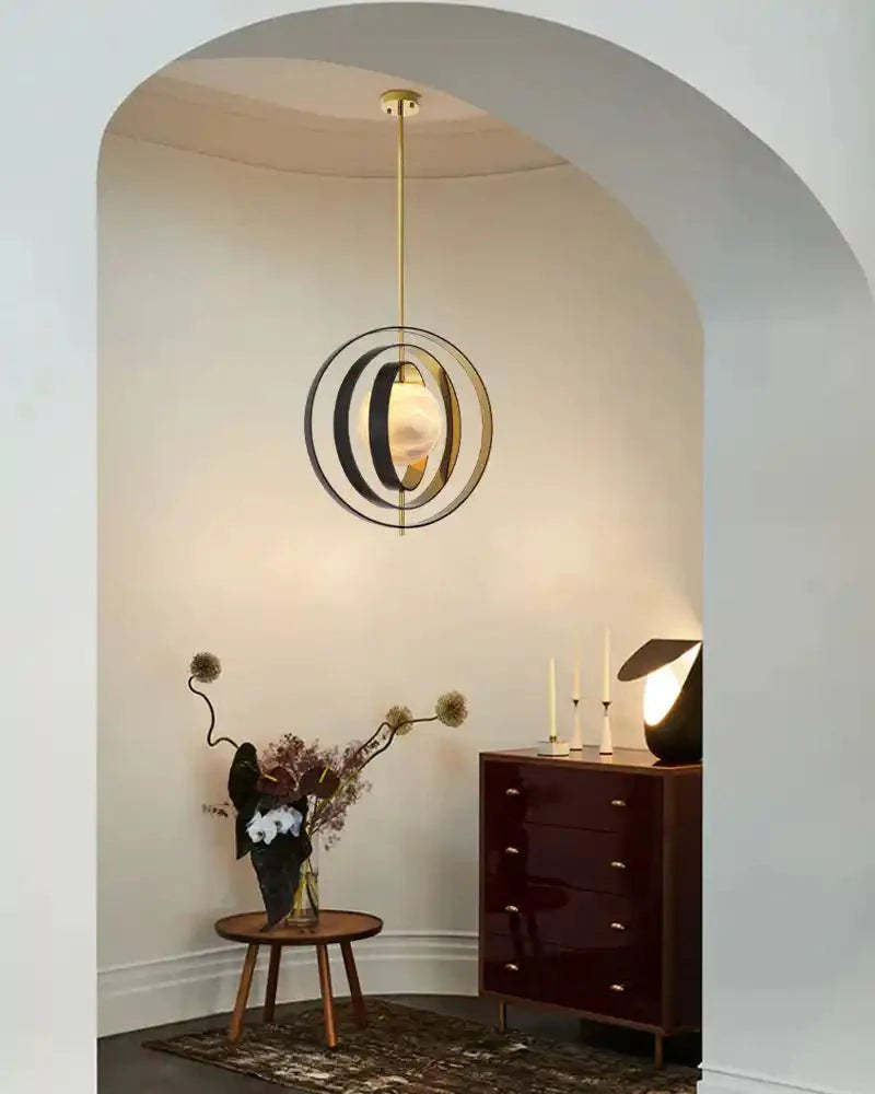 White Alabaster Round Ceiling Pendant Lamp - Gold & Bronze Rotatable Ring - winglightingus
