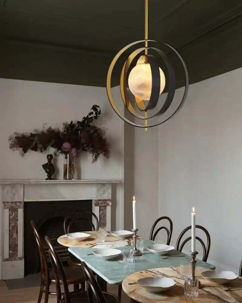 White Alabaster Round Ceiling Pendant Lamp - Gold & Bronze Rotatable Ring - winglightingus