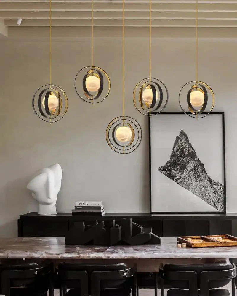 White Alabaster Round Ceiling Pendant Lamp - Gold & Bronze Rotatable Ring - winglightingus