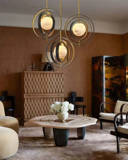 White Alabaster Round Ceiling Pendant Lamp - Gold & Bronze Rotatable Ring - winglightingus