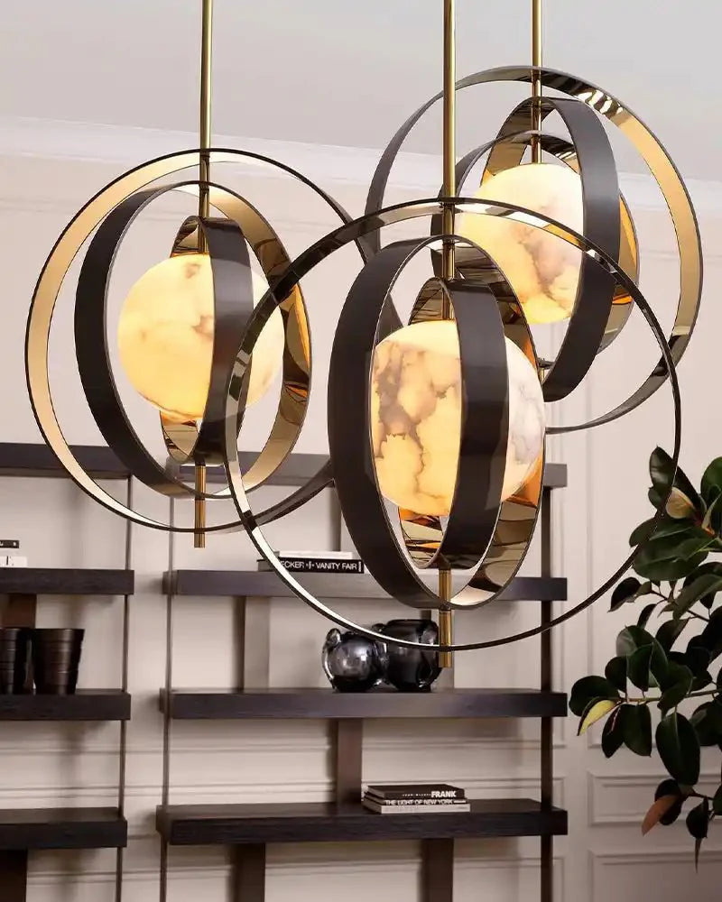 White Alabaster Round Ceiling Pendant Lamp - Gold & Bronze Rotatable Ring - winglightingus