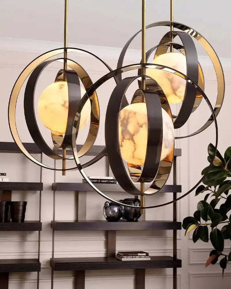 White Alabaster Round Ceiling Pendant Lamp - Gold & Bronze Rotatable Ring - winglightingus