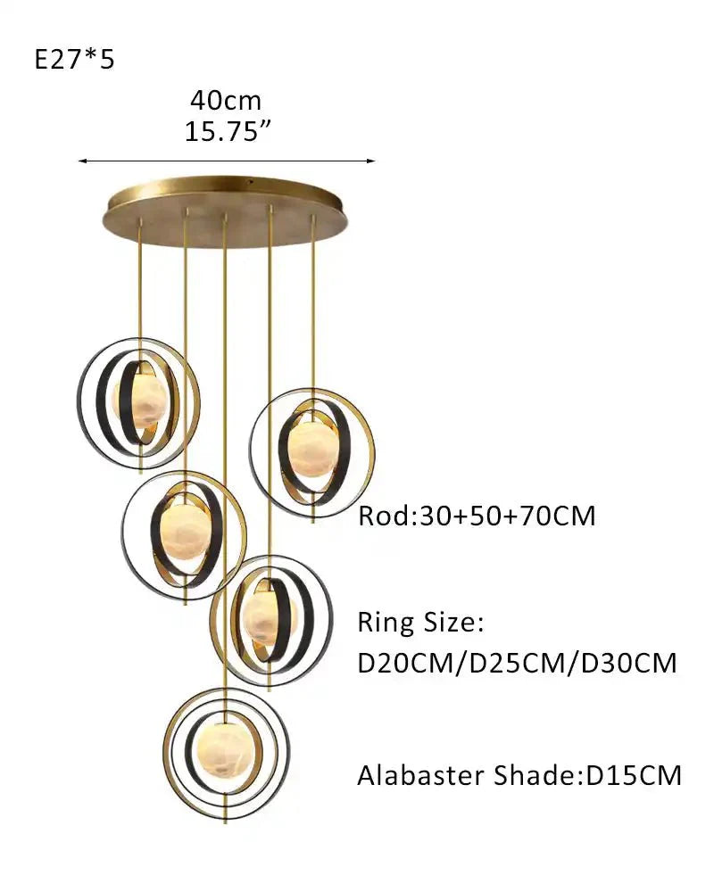 White Alabaster Round Ceiling Pendant Lamp - Gold & Bronze Rotatable Ring - winglightingus