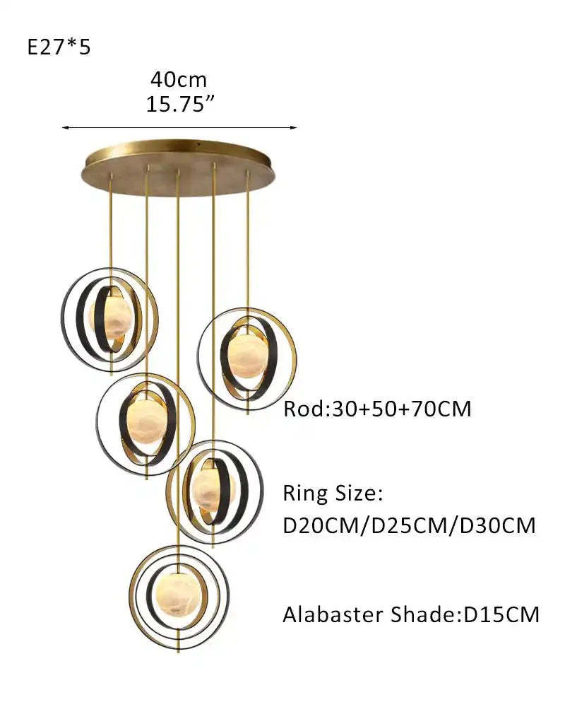 White Alabaster Round Ceiling Pendant Lamp - Gold & Bronze Rotatable Ring - winglightingus