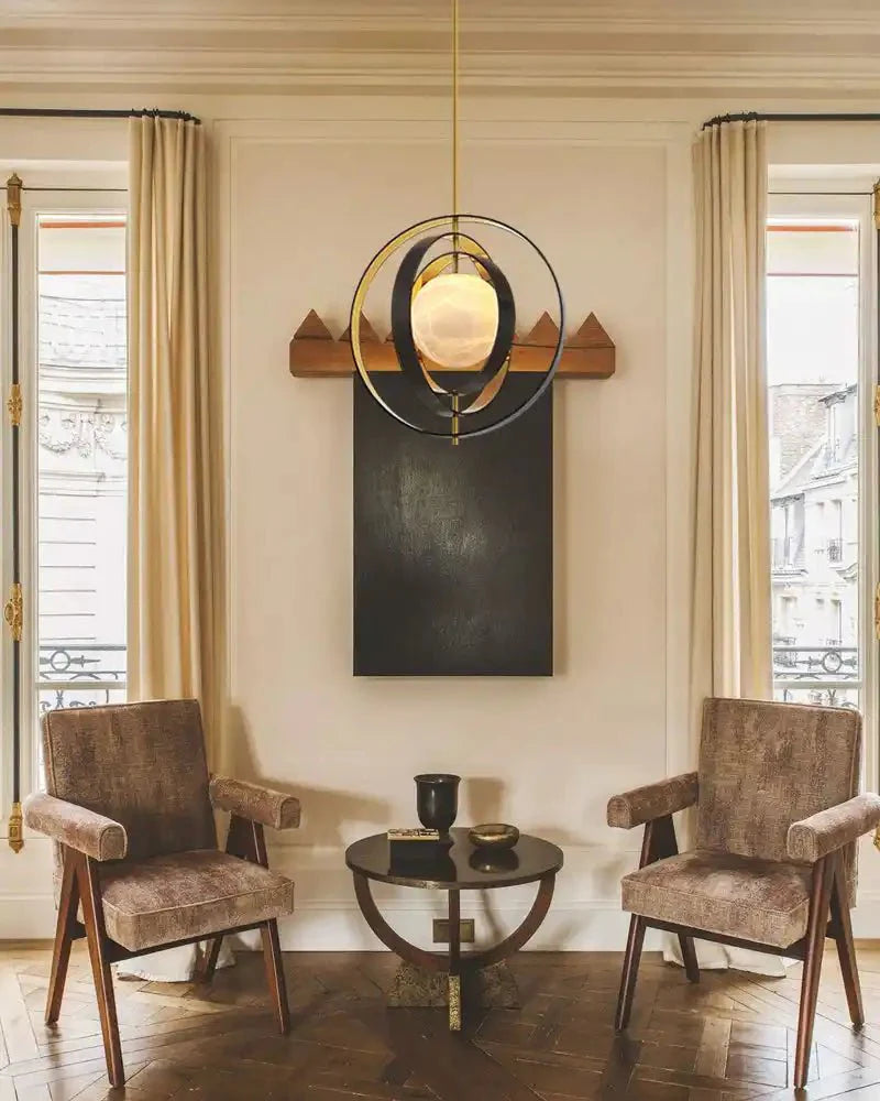 White Alabaster Round Ceiling Pendant Lamp - Gold & Bronze Rotatable Ring - winglightingus