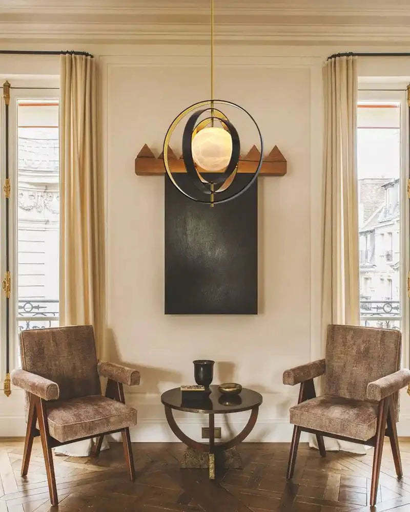 White Alabaster Round Ceiling Pendant Lamp - Gold & Bronze Rotatable Ring - winglightingus