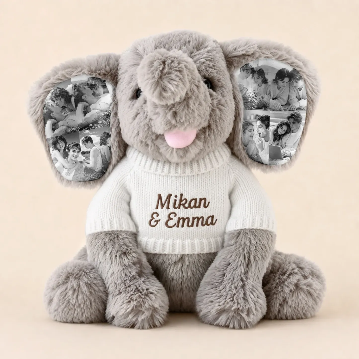 Custom Photo Ears Plush Toy Collection, Personalized Stuffed Animal Bunny, Elephant & Bat with Collage Photo Print