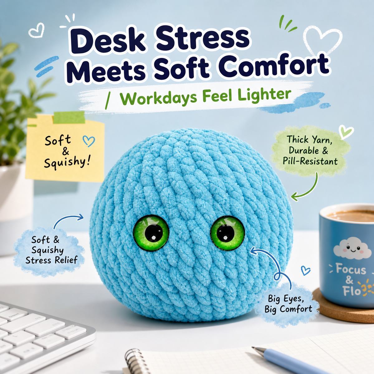 Crochet Bubble Squishy Ball – Soft Handwoven Fidget Toy with Slow-Rising Bubble Pop, Cute Sensory Stress Relief Toy Hand-knitted