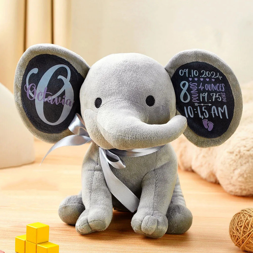 Personalized Elephant Plush Stuffed Animal Birth Announcement Gift for Baby