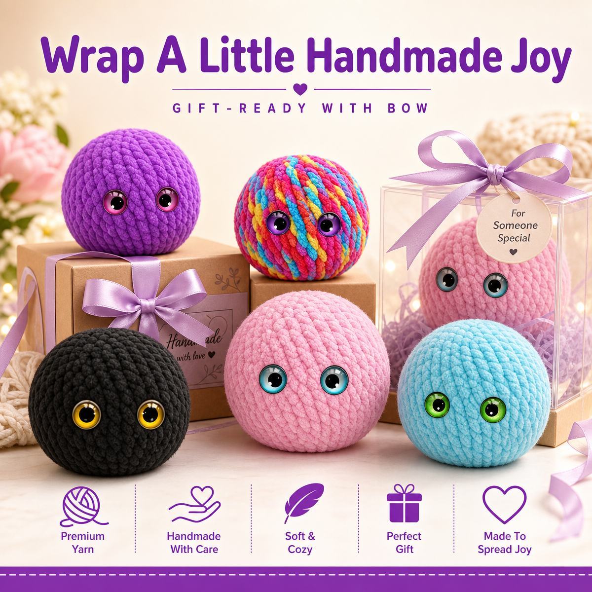 Crochet Bubble Squishy Ball – Soft Handwoven Fidget Toy with Slow-Rising Bubble Pop, Cute Sensory Stress Relief Toy Hand-knitted