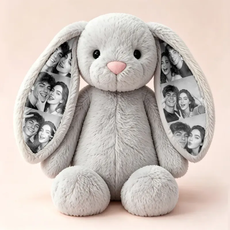 Custom Photo Bunny Plush – Personalized Hidden Ear Picture Bunny Gift for Couples Anniversary Gifts
