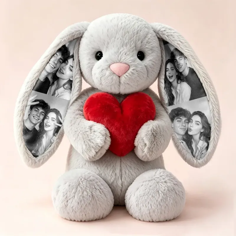 Custom Photo Bunny Plush – Personalized Hidden Ear Picture Bunny Gift for Couples Anniversary Gifts