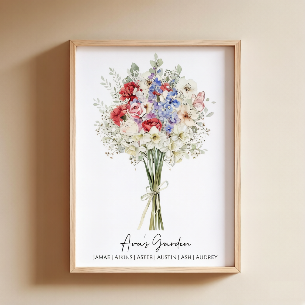 Family Birth Flower Bouquet | Gift for Mom Personalized Watercolor Birth Month Flower Print Mother's Day Gift
