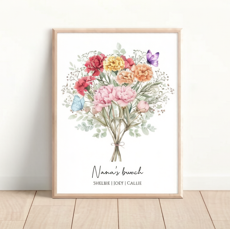 Family Birth Flower Bouquet | Gift for Mom Personalized Watercolor Birth Month Flower Print Mother's Day Gift