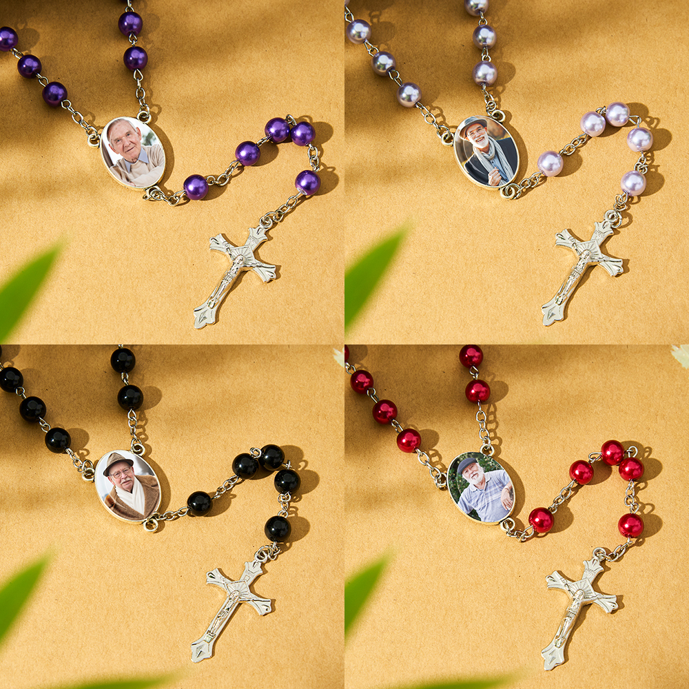Custom Rosary Beads Memorial Gifts for Catholics Cross Necklace Sentimental Personalized Glass Imitation Pearls Necklace with Photo