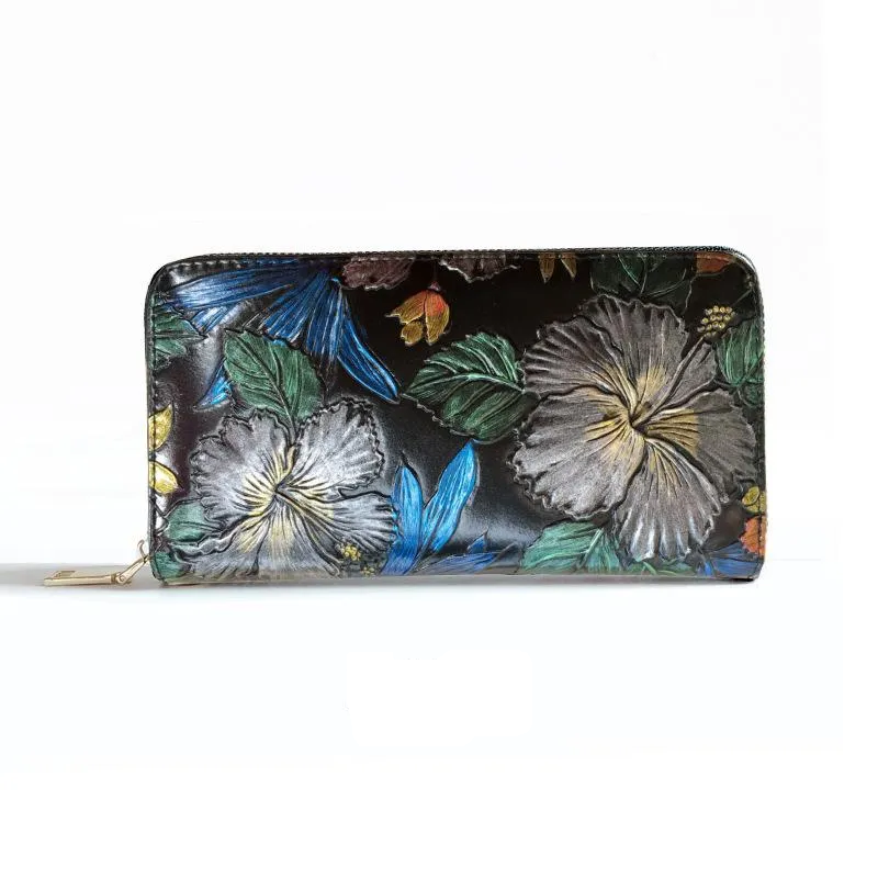 Gifts for Women Genuine Leather Ladies Long Wallet Zipper Clutch Printed Hand-painted Clutch Multi-function Mobile Phone Bag