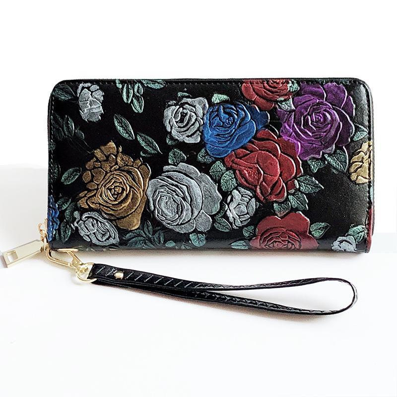 Gifts for Women Genuine Leather Ladies Long Wallet Zipper Clutch Printed Hand-painted Clutch Multi-function Mobile Phone Bag