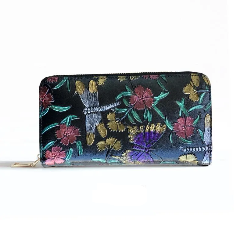 Gifts for Women Genuine Leather Ladies Long Wallet Zipper Clutch Printed Hand-painted Clutch Multi-function Mobile Phone Bag