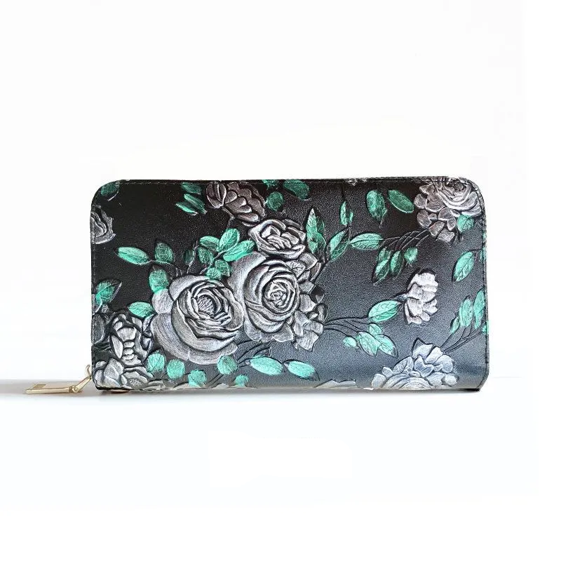 Gifts for Women Genuine Leather Ladies Long Wallet Zipper Clutch Printed Hand-painted Clutch Multi-function Mobile Phone Bag
