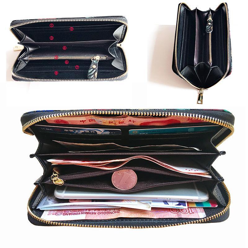 Gifts for Women Genuine Leather Ladies Long Wallet Zipper Clutch Printed Hand-painted Clutch Multi-function Mobile Phone Bag