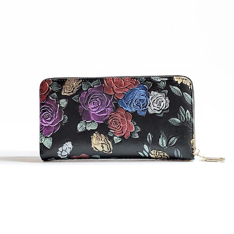Gifts for Women Genuine Leather Ladies Long Wallet Zipper Clutch Printed Hand-painted Clutch Multi-function Mobile Phone Bag