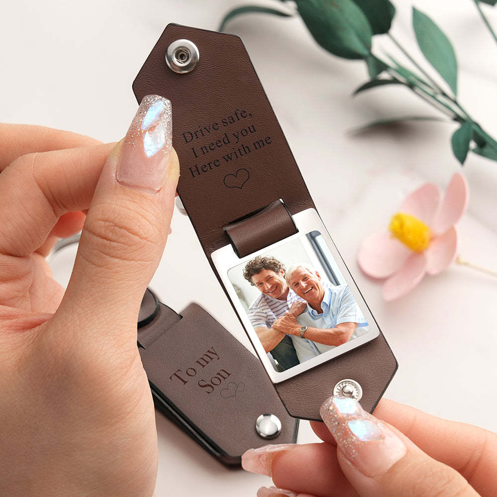 Drive Safe Keychain to My Best Dad Custom Leather Photo Text Keychain with Engraved Text - Myphotowallet