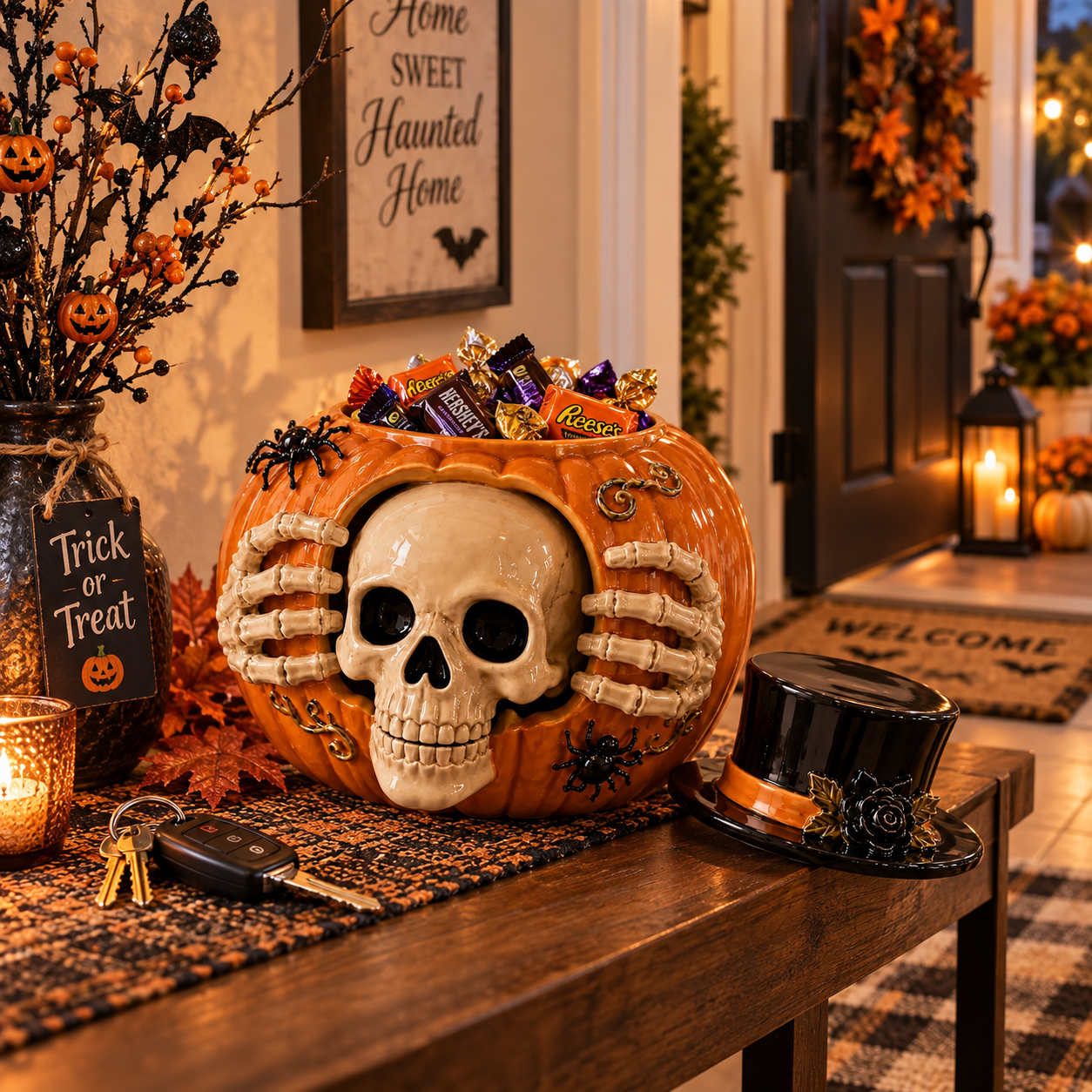 Halloween Skull Pumpkin Candy Bowl, Spooky Resin Skeleton Tabletop Decoration, Gothic Trick-or-Treat Candy Holder for Home Party Decor