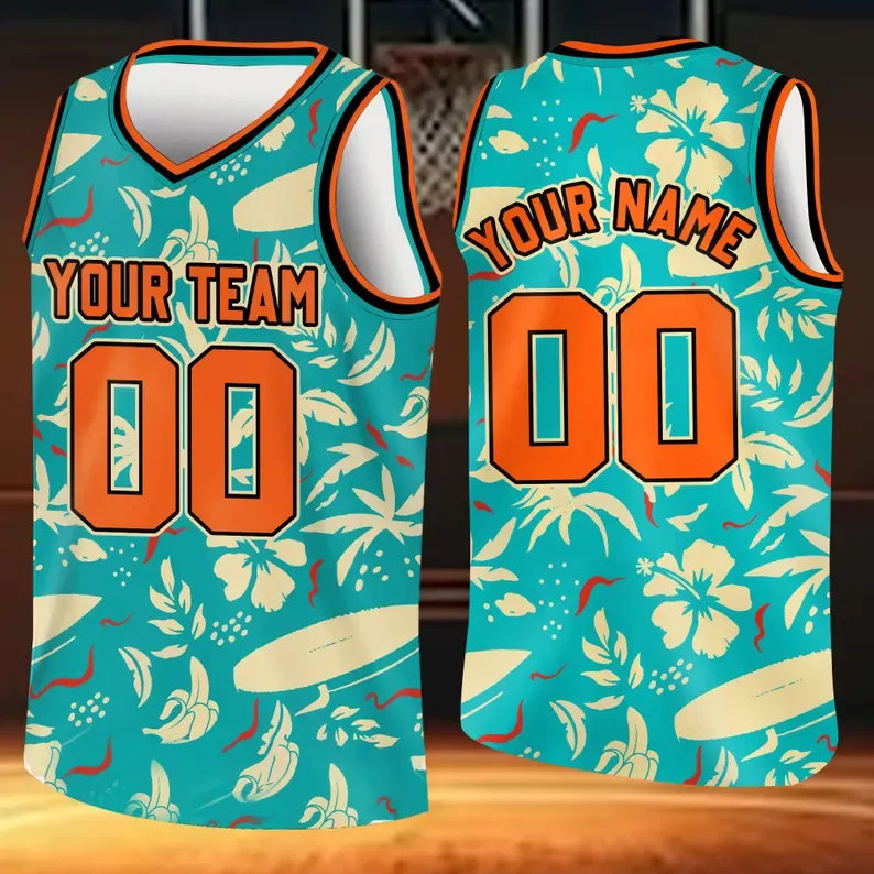Custom 3D Pattern Tropical V Shape Hawaii Leaves Basketball Jersey With Name & Number - 