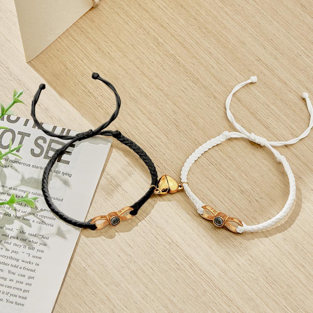 Custom Photo Projection Bracelet Woven Heart Magnetic Bracelet Gift for Couple - 