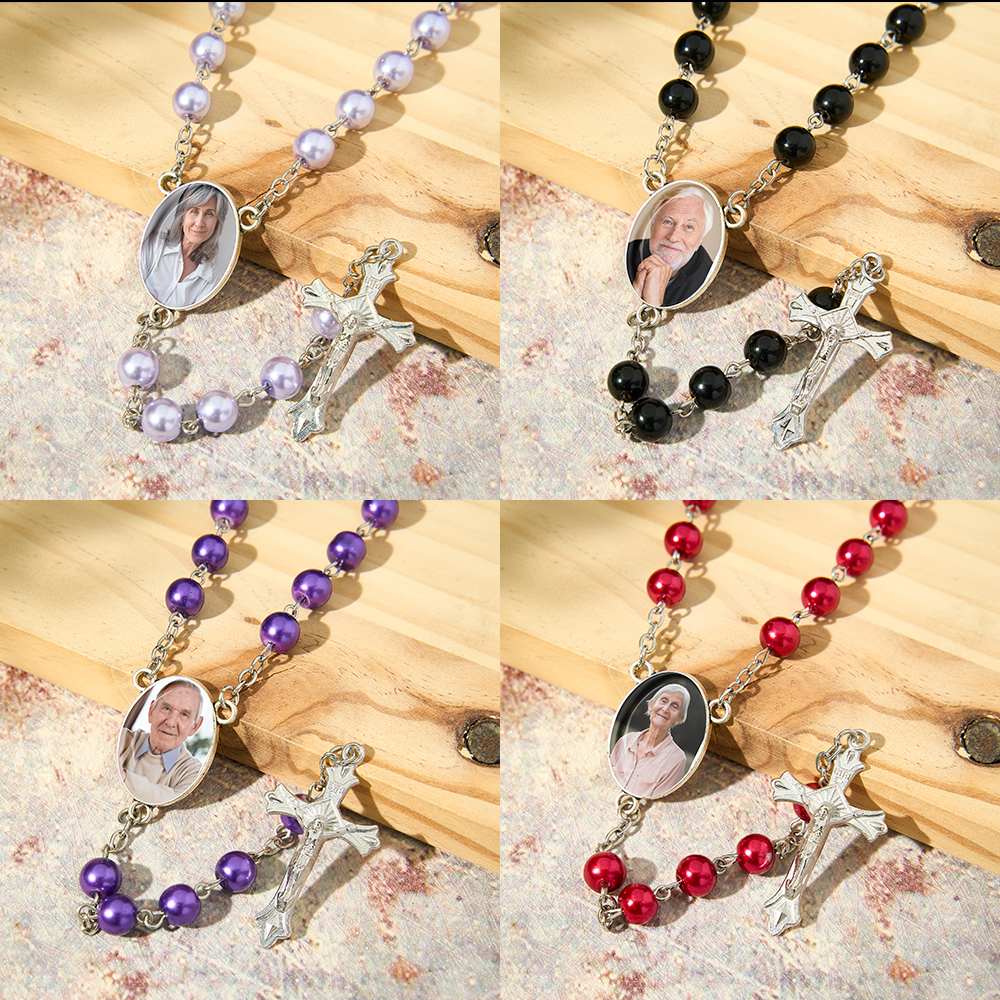 Custom Rosary Beads Cross Necklace Sentimental Memorial Gifts for Catholics Personalized Glass Imitation Pearls Necklace with Photo