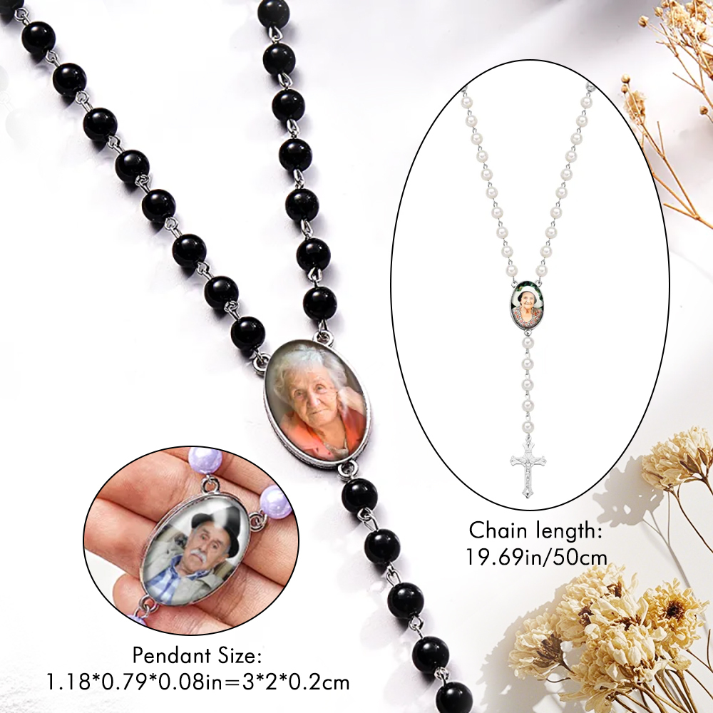 Custom Rosary Beads Cross Multi-Color Necklace Sentimental Memorial Gift Baptism Gift, First Communion Gift, Confirmation, Baby or Little Girl Keepsake Prayer Personalized Necklace with Photo Memorable Gift for Women