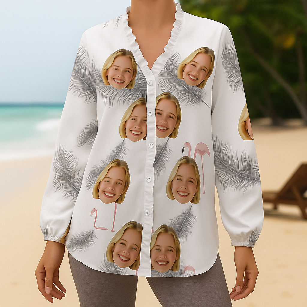 Custom Face Feather-Breeze Women’s Beach Blouse Face Shirt Top for Summer Trips, Bachelorette Party or Girls Weekend -