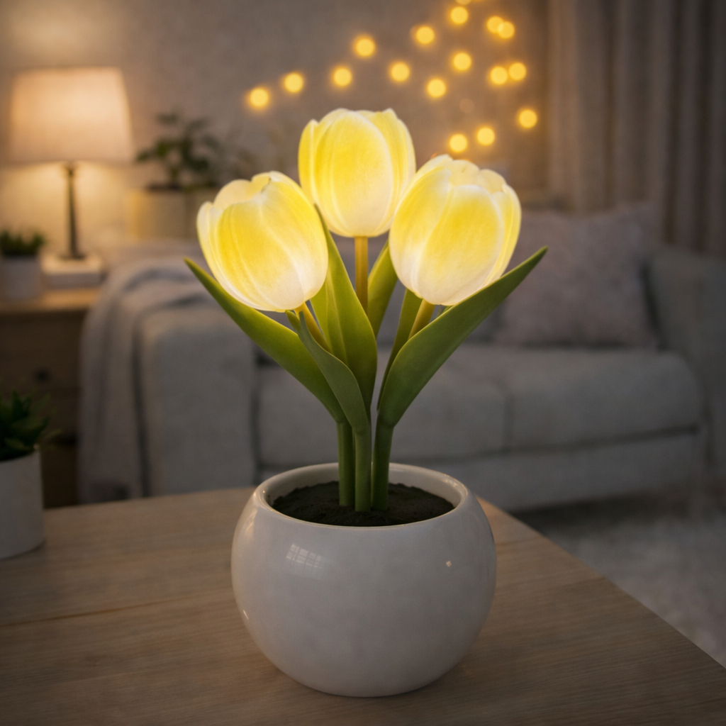 Contemporary Creative Tulip Flower Ceramic PU USB LED Table Lamp For Bedroom