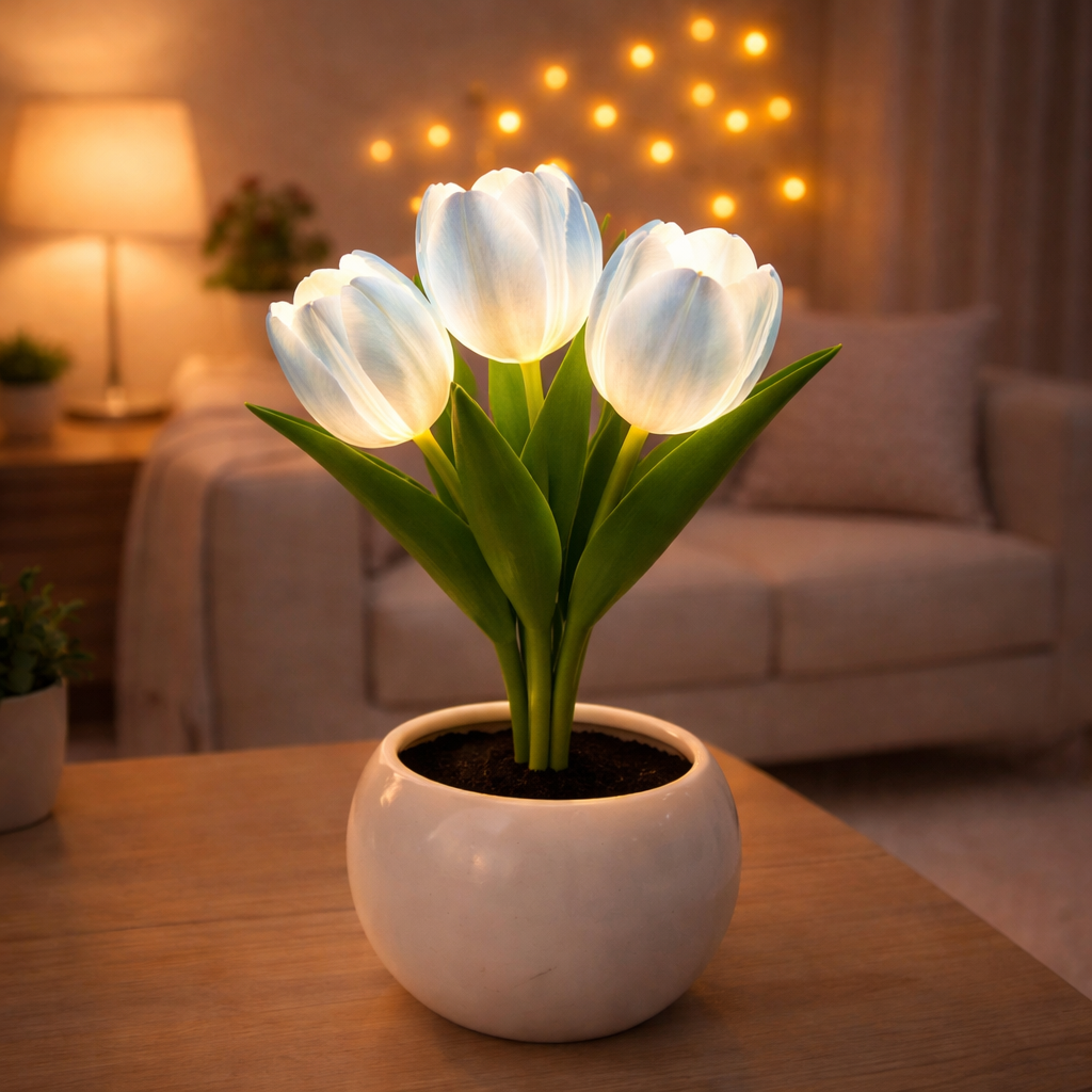 Contemporary Creative Tulip Flower Ceramic PU USB LED Table Lamp For Bedroom