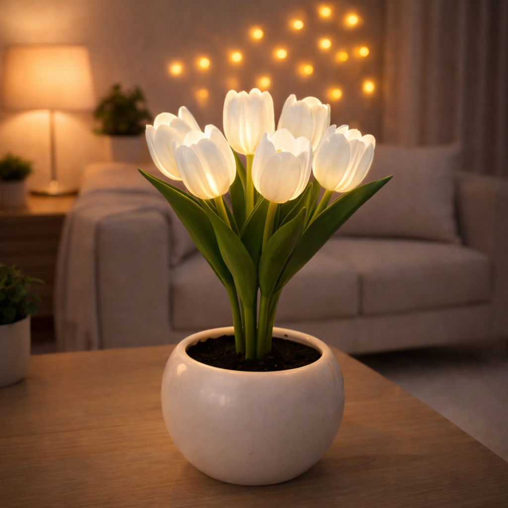 Contemporary Creative Tulip Flower Ceramic PU USB LED Table Lamp For Bedroom