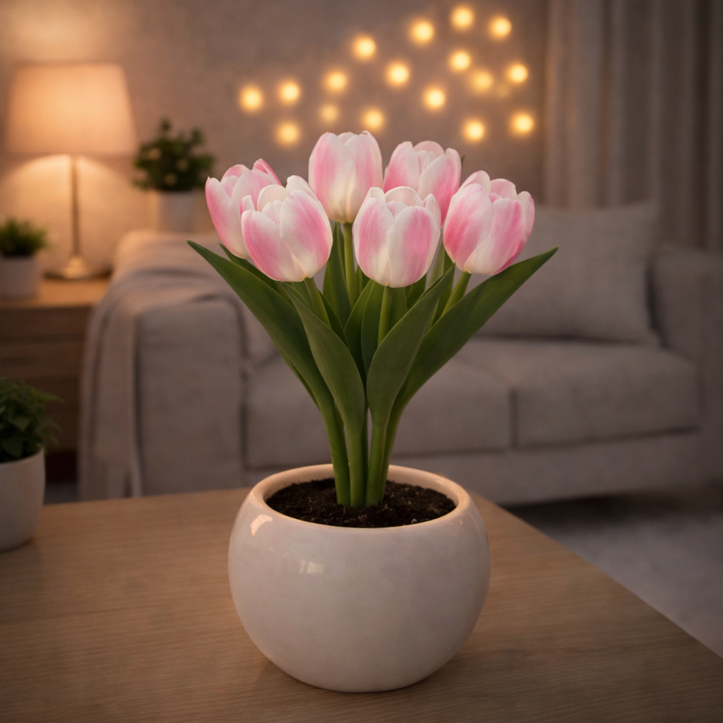 Contemporary Creative Tulip Flower Ceramic PU USB LED Table Lamp For Bedroom