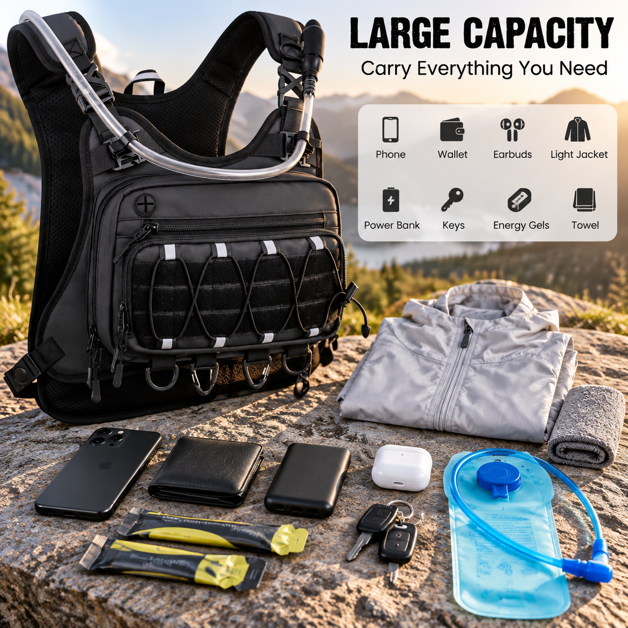 Running Vest for Men Tactical Hydration Backpack Adjustable Lightweight Chest Pack for Marathon Hunting Cycling
